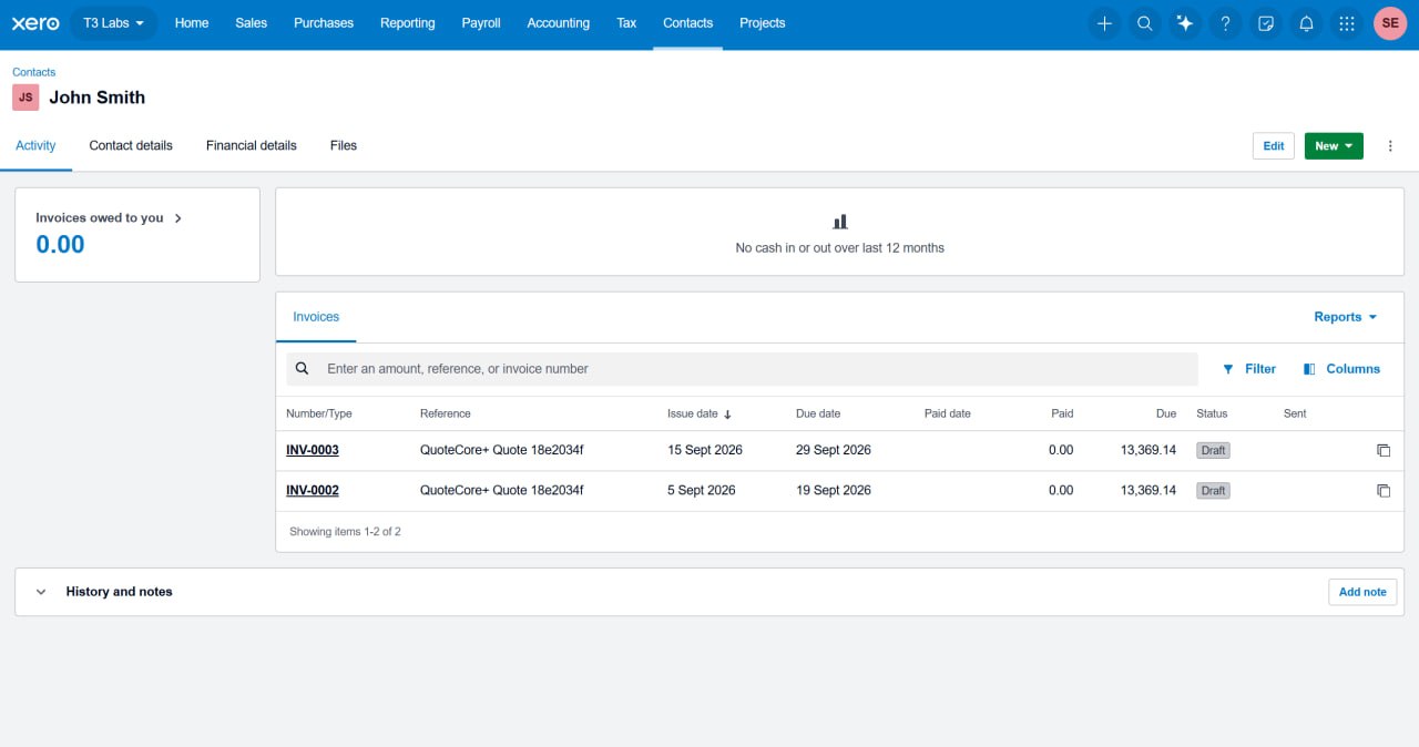 Xero contact Activity tab listing exported draft invoices with QuoteCore+ quote references.