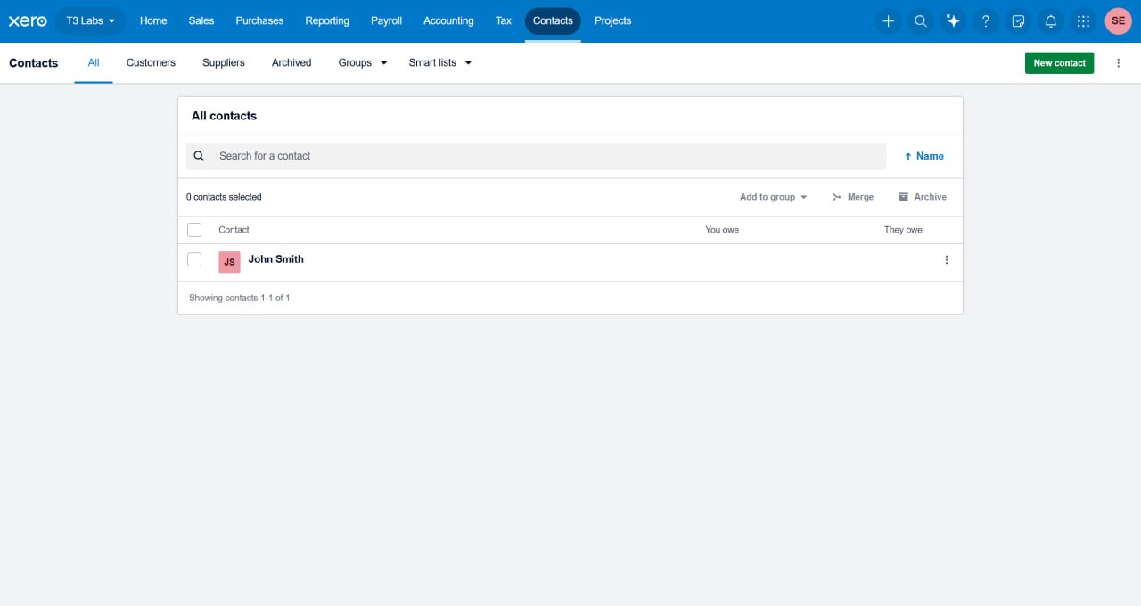Xero contacts list showing the contact created for the exported QuoteCore+ quote customer.