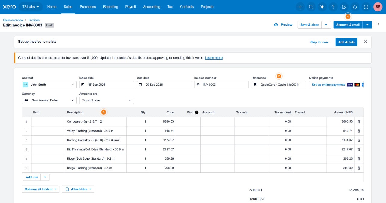 The exported draft invoice open in Xero, showing line items, quantities, prices and subtotal transferred from QuoteCore+.