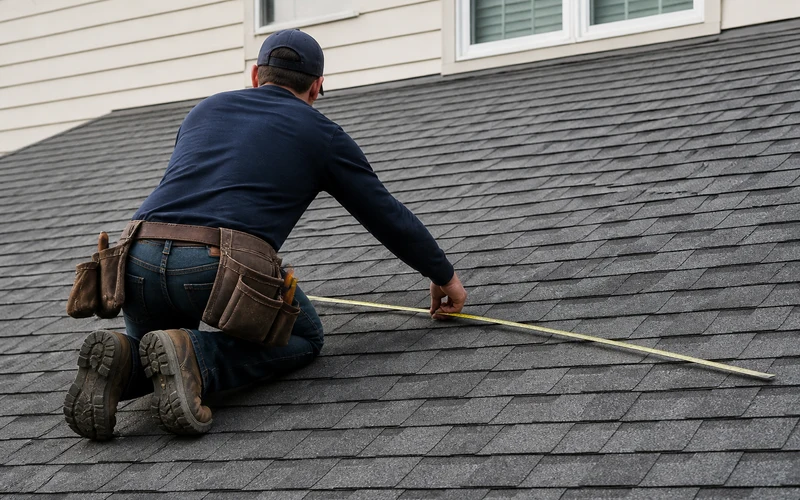 Roofer physically measuring a roof on site with a tape measure
